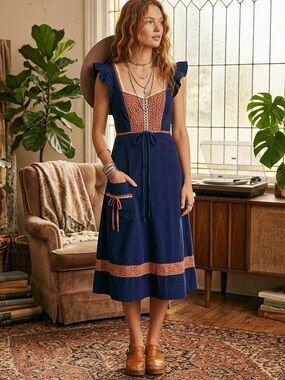 Vintage Navy Blue Corduroy Pinafore Cottagecore Prairiecore Midi Dress Small